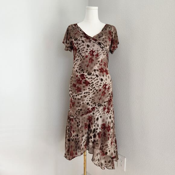 Vintage Dressbarn Brown Red Floral Bias Cut Silk Midi Dress Asymmetrical L